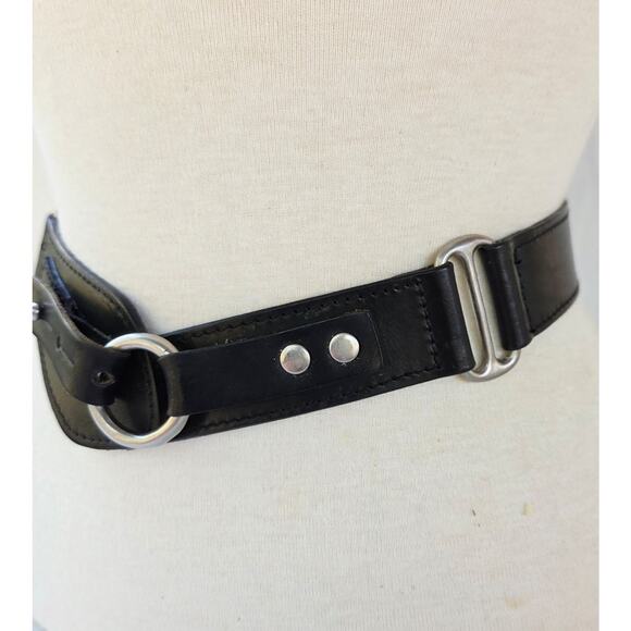 90s Harold’s Black Leather Belt Silver Hardware Made in England Medium - Picture 5 of 7